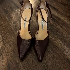 Manolo Blahnik Deep Burgundy Pointed-Toe Ankle-Strap Pumps